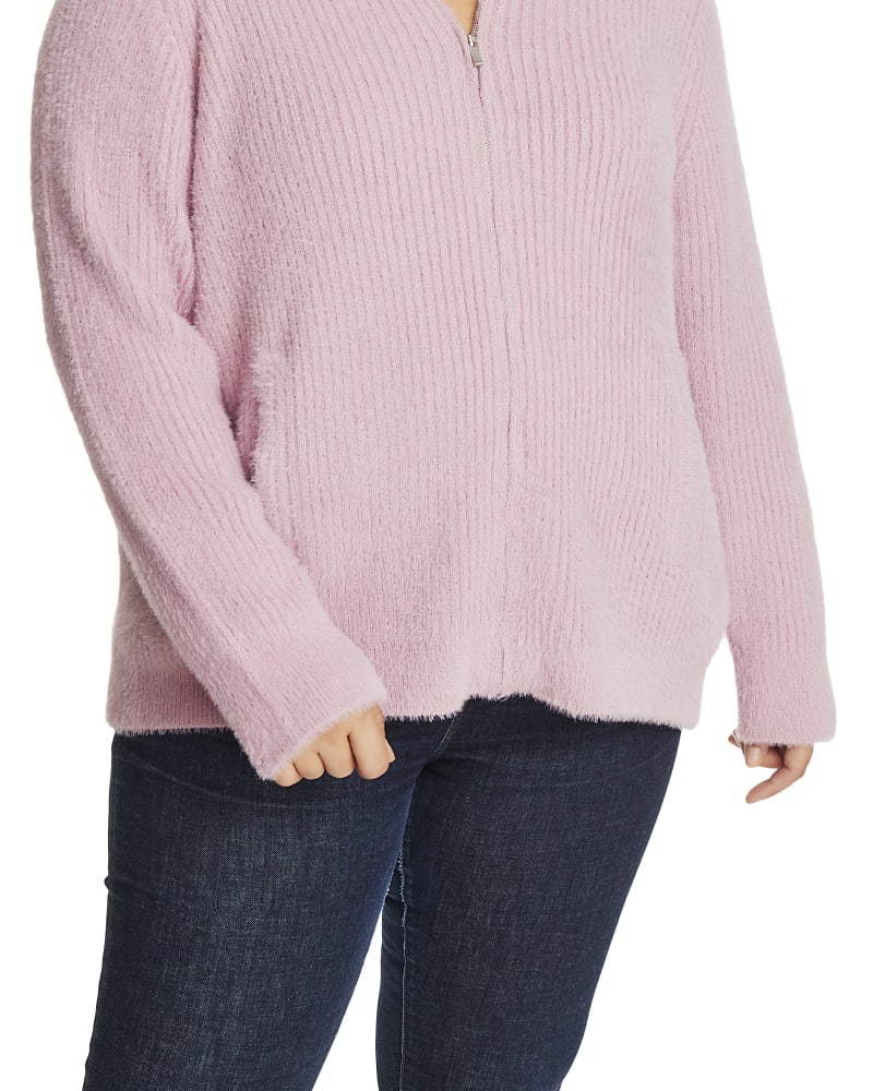 Front of a model wearing a size 1X Willow Zip Front Sweater in Antique Rose by 1.State. | dia_product_style_image_id:262445